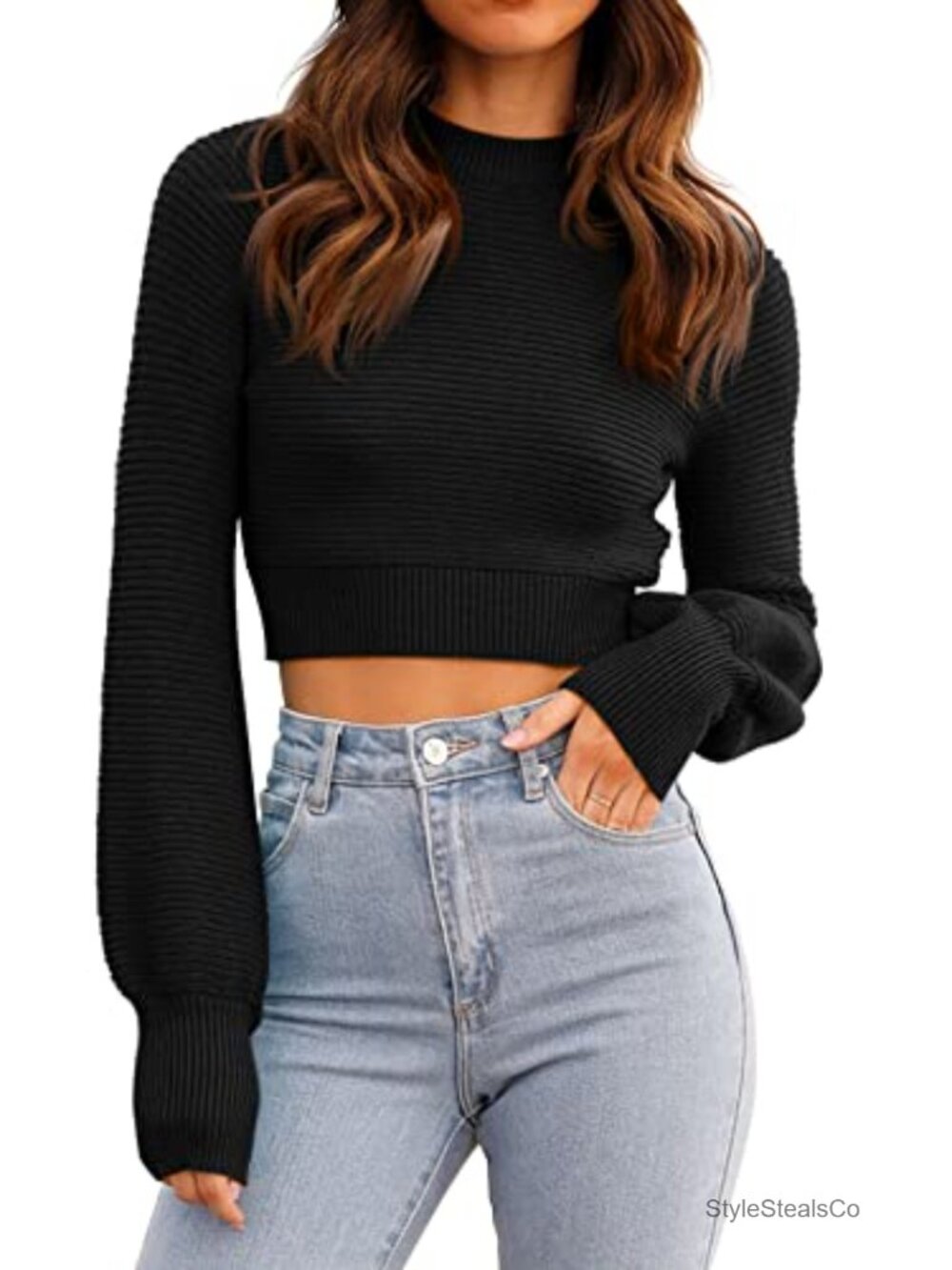 Ribbed Knit Cropped Sweater Long Sleeve Crew Neck Pullover